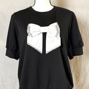 Black Short-Sleeve Blouse with White Bow and Crystal Trim